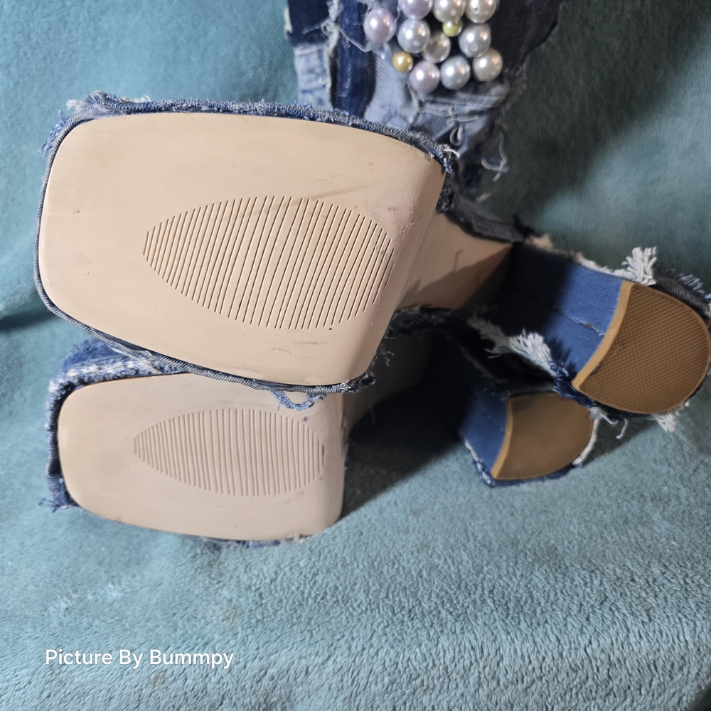 AZALEA WANG DENIM CHUNKY PATCHWORK PLATFORM BOOT.Denim Patchwork Knee-High Boots - Picture 15 of 16